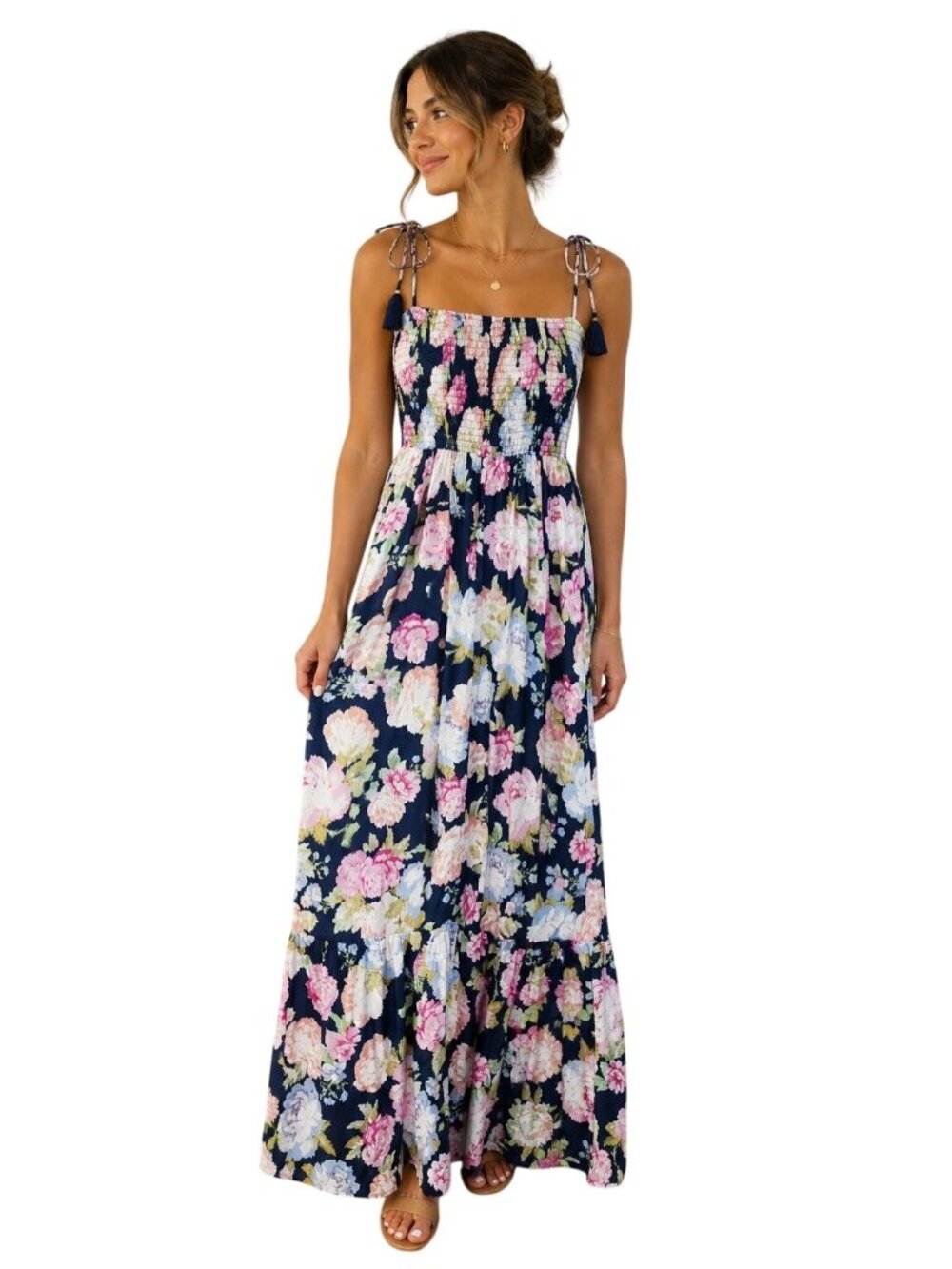 Maaji Womens Floral Print Maxi Dress With Smocked Bodice & Adjustable Straps L